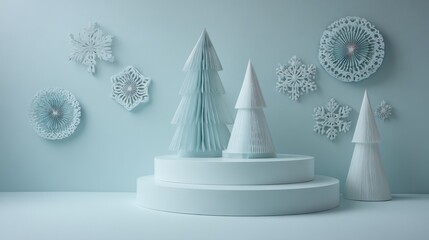 Minimalist Winter Scene with White Trees and Snowflakes on a Light Blue Backdrop