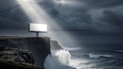 Dramatic stormy seascape with a bright light shining on a blank billboard