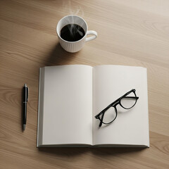 Quiet morning scene with coffee book pen and eyeglasses