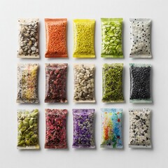 Colorful variety of grains and seeds in plastic packages.