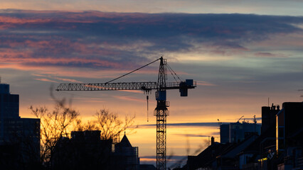 Crane in the Sunset of Duesseldorf Germany in November 2025 - City Developement. High quality photo