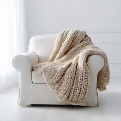 Cozy living room with a soft knitted blanket on a chair.