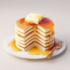 Delicious pancakes stacked with syrup and butter dripping.