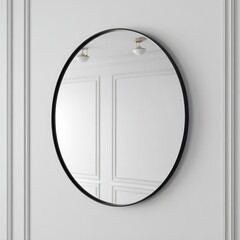 Elegant round mirror with a black frame on a simple wall.