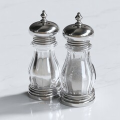 Elegant salt and pepper shakers on a marble table surface.