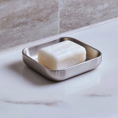 Elegant soap on a modern tray resting on a marble surface.