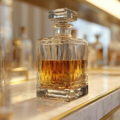 Elegant whiskey decanter filled with amber liquid on a countertop.