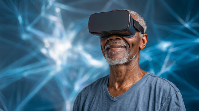 Good-looking handsome senior man African American, futuristic using VR 360 glasses home. Making browse and tap gestures. Concept active modern elderly people, learning use contemporary technologies. - Powered by Adobe