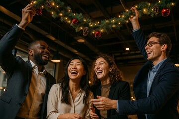 Happy coworkers celebrating office holiday party under festive garland with lights and ornaments, laughing together after successful teamwork.