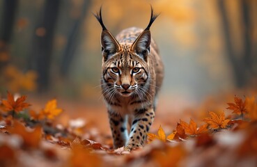 Naklejka premium Iberian lynx walks on forest path covered with autumn leaves. Spotted cat with tufted ears moves slowly among orange maple foliage. Wild predator prowls through woodland during fall season.