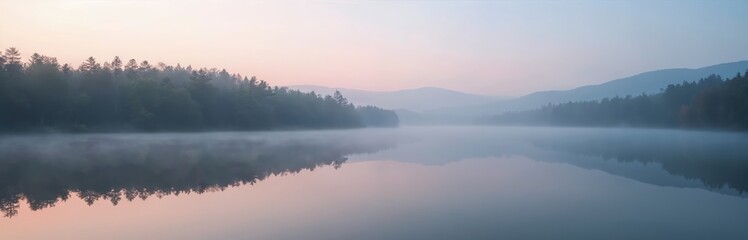 Fototapeta premium Calm lake reflects trees and mountains at dawn. Morning mist blankets water surface. Soft pink and blue sky colors serene wilderness landscape. Peaceful nature scene.
