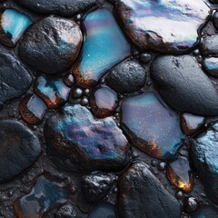 Shimmering stones with colorful reflections on a dark surface.