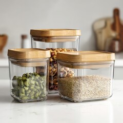 Stylish glass containers with bamboo lids for organized storage.