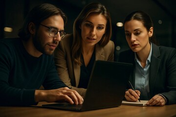 Three business colleagues working late around laptop in dim office, collaborating on important project and reviewing data together.