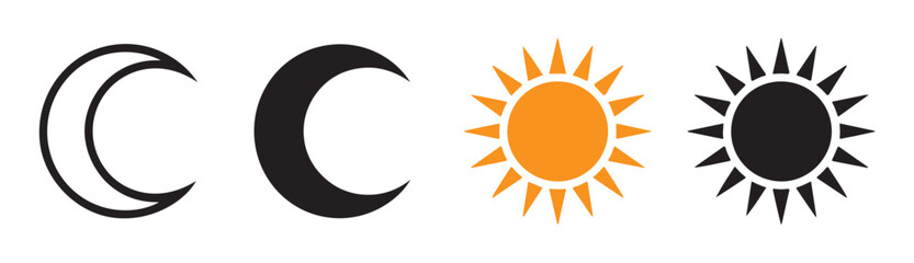 Minimalist moon and sun icons set in outline, solid, and color styles isolated on white background for design