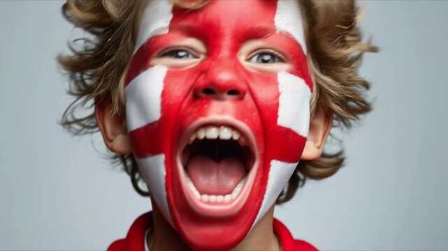 Young Boy with Flag Face Paint Cheering. Excited child screaming with joy, face painted in red and white cross, celebrating victory.