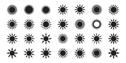 Sun icon set vector flat black, line art, and silhouette style for astrology and weather applications