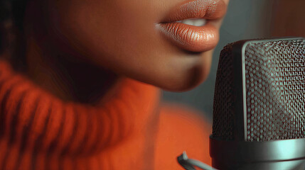Close-up of woman’s lips speaking into microphone in warm studio lighting.