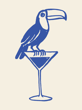 Toucan on cocktail glass naive sketch vector illustration