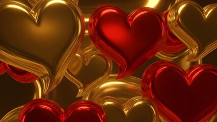 Abstract arrangement of golden and vibrant red hearts creating a romantic and luxurious background