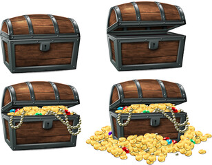 A set of four antique wooden chests, two of which are filled with treasures. Highly realistic illustration.