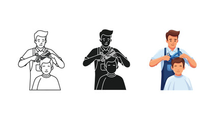 Set of three icons representing a barber cutting a clients hair in different styles outline, silhouette and full color illustration