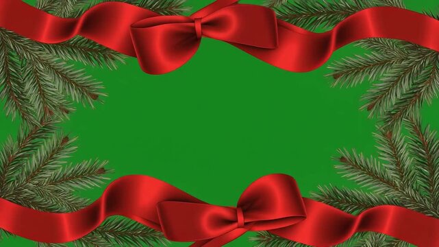 A festive green background with pine branches and red ribbons and bows, creating a holiday frame for copy space. Christmas video background.