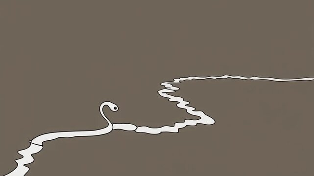 White one-line creature slithering on a simple brown background, leaving a fluid trail, a minimalist and abstract depiction of organic motion and form