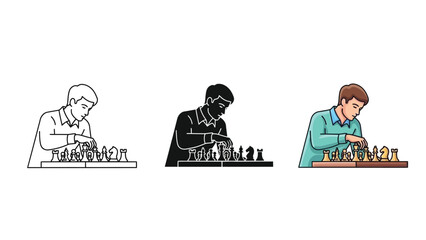 Man playing chess, focused board, shown in outline, silhouette and color vector styles