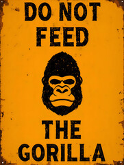 hazard sign, yellow warning sign with text do not feed gorilla, old rusty and cracked vintage metal plate, circus, retro zoo sign, halloween prank, isolated, png, 