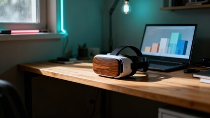 Modern home office setup with VR headset and laptop displaying data analytics.
