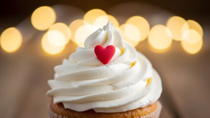 Soft serve ice cream cone with a red heart on top against a blurred background