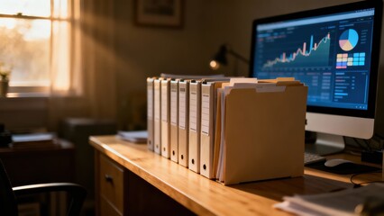 Organized home office workspace with files and computer displaying data analytics.