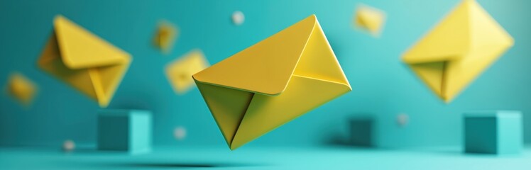 Yellow envelopes float in air against blue backdrop. Digital communication concept for email marketing, customer engagement, and notification systems, representing online messaging.