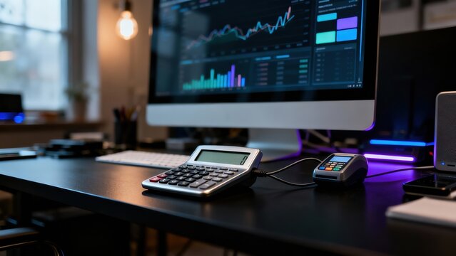 Modern office workspace with financial data analytics on computer screen, calculator, and credit card terminal. - Powered by Adobe