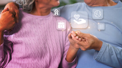 Older adults receive comprehensive healthcare support insurance benefits represented by digital icons signifying quality global protection vital documentation