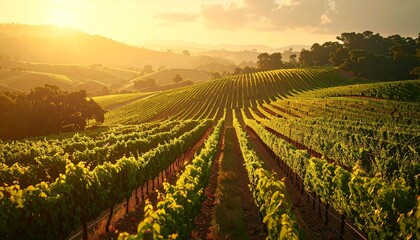 Golden hour illuminates rows of verdant grapevines on rolling hills