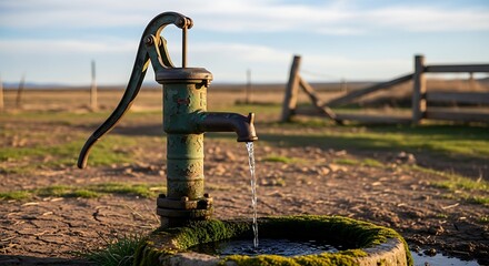 Rustic well pump with water flowing into a stone basin, bathed in natural light, in a rural setting.