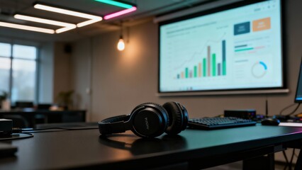 Modern office setup with headphones and data analytics on screen