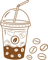 Line art illustration of an iced coffee in a plastic cup with coffee beans drink beverage