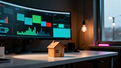 Modern office workspace with stock market data and wooden house model