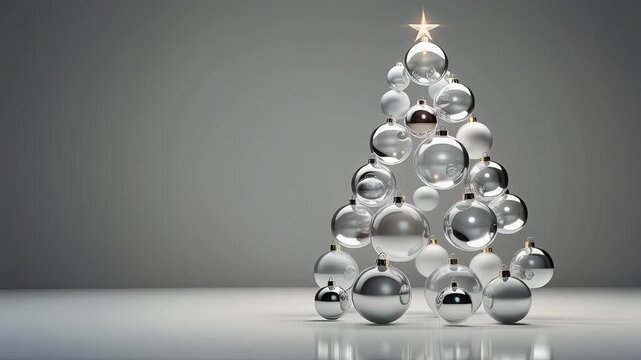 A modern, minimalist Christmas tree made of reflective silver and white baubles with a golden star on a grey background. Christmas video background.
