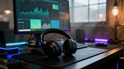 Modern workspace setup with headphones and stock market data on screen