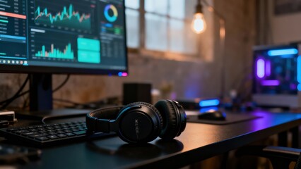 Modern workspace setup with headphones and computer screens displaying data analytics.