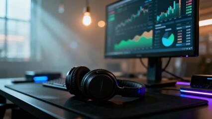 Modern workspace setup with headphones and stock market data on dual monitors.