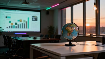 Modern office meeting room with globe and data analytics presentation at sunset