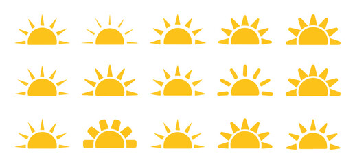 Obraz premium Sunrise sun solid vector icon set. yellow sun simple symbol collection. morning sun concept illustration