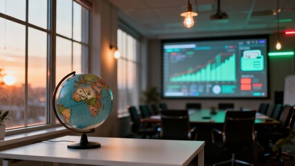 Modern office space with globe and financial data display
