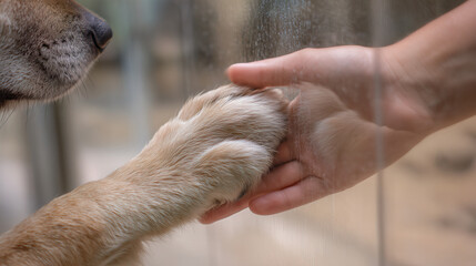 Human hand gently holding a dog’s paw, symbolizing trust, care, friendship, and emotional bond between humans and animals.