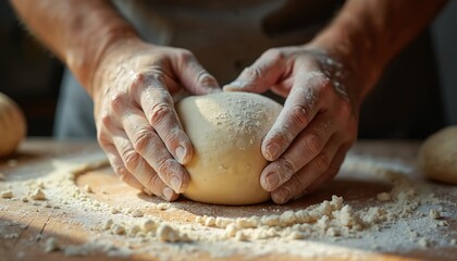 Baker hands knead fluffy dough on wooden table. Flour dusts surface creating rustic homemade bread loaf. Artisan prepares food with skill and care.